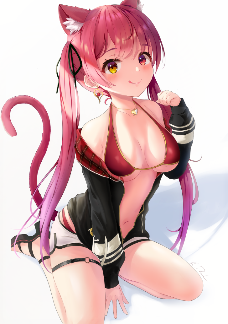 1girl animal_ear_fluff animal_ears between_legs bikini black_jacket black_ribbon breasts cat_ears cat_tail dangle_earrings earrings eyebrows_visible_through_hair hair_ribbon hand_between_legs heart heart_necklace heterochromia high_heels hololive houshou_marine jacket jewelry large_breasts long_hair looking_at_viewer lukas_reule navel official_alternate_costume open_clothes open_jacket paw_pose red_bikini red_eyes red_hair ribbon sandals signature sitting smile swimsuit tail thigh_strap tongue tongue_out twintails virtual_youtuber wariza white_background yellow_eyes