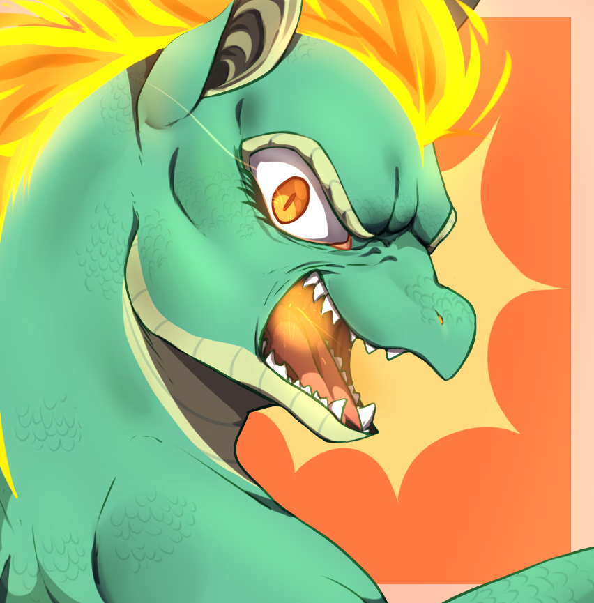 2018 angry asian_mythology bust_portrait chinese_mythology countershade_scales countershading digital_drawing_(artwork) digital_media_(artwork) east_asian_mythology eyelashes female feral fire flaming_hair green_body green_scales kasusei longma looking_at_viewer mythology open_mouth orange_eyes portrait pseudo_hair pupils scales scalie sharp_teeth simple_background slit_pupils solo teeth them's_fightin'_herds tianhuo_(tfh)