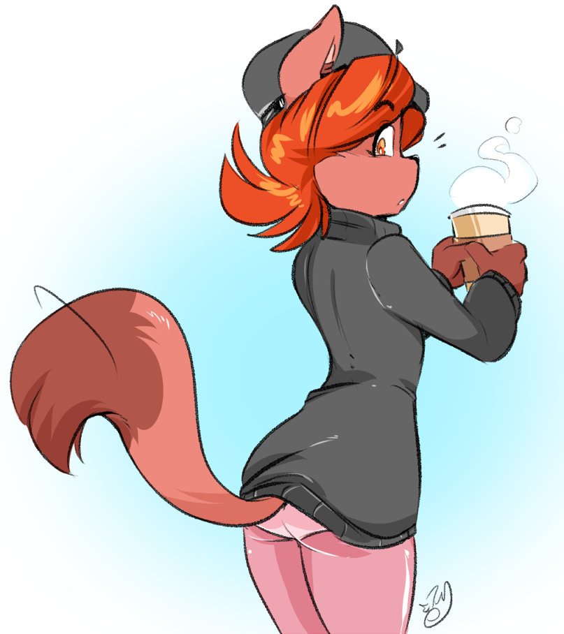 alternate_species anthro beret beverage biped black_eyebrows brown_ears brown_fur brown_tail butt canine clothing coffee cup dipstick_tail duckdraw eyebrows eyelashes female fox fur gloves_(marking) hair hat holding_cup ivanna legwear looking_at_viewer looking_back mammal markings multicolored_tail orange_hair panties pantyhose portrait short_hair simple_background solo standing steam sweater three-quarter_portrait two_tone_tail underwear waggles