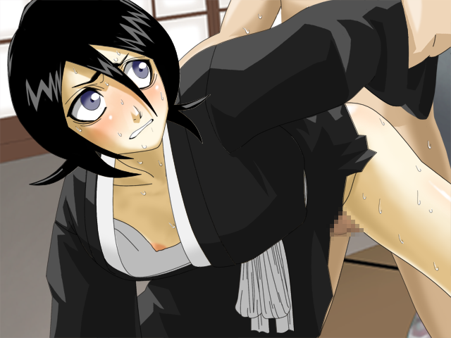 1girl arm_grab bent_over black_hair bleach blush breasts censored doggystyle flat_chest game_cg gray_eyes grey_eyes japanese_clothes kuchiki_rukia looking_back maten nipples no_bra open_clothes sex solo sweat vaginal
