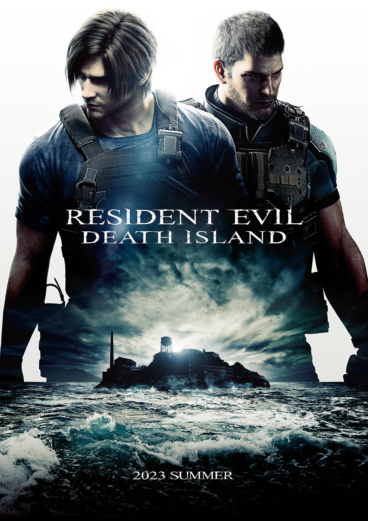 2023 2boys beard blue_shirt body_armor chris_redfield cloud cloudy_sky english_commentary english_text facial_hair highres island leon_s._kennedy logo looking_to_the_side male_focus movie_poster multiple_boys ocean official_art resident_evil shirt short_hair simple_background sky sleeveless water_tank white_background
