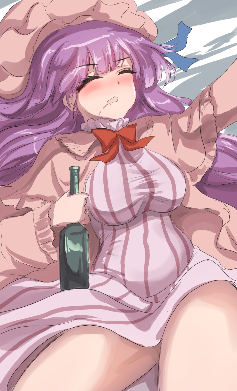 1girl arm_up bangs blue_ribbon blush bottle bow bowtie breasts capelet closed_eyes commentary dress drooling drunk hat hat_removed headwear_removed highres holding holding_bottle large_breasts long_hair lying mob_cap namiki_(remiter00) on_back open_mouth patchouli_knowledge purple_hair red_bow red_bowtie ribbon robe solo striped striped_dress thighs touhou very_long_hair wine_bottle