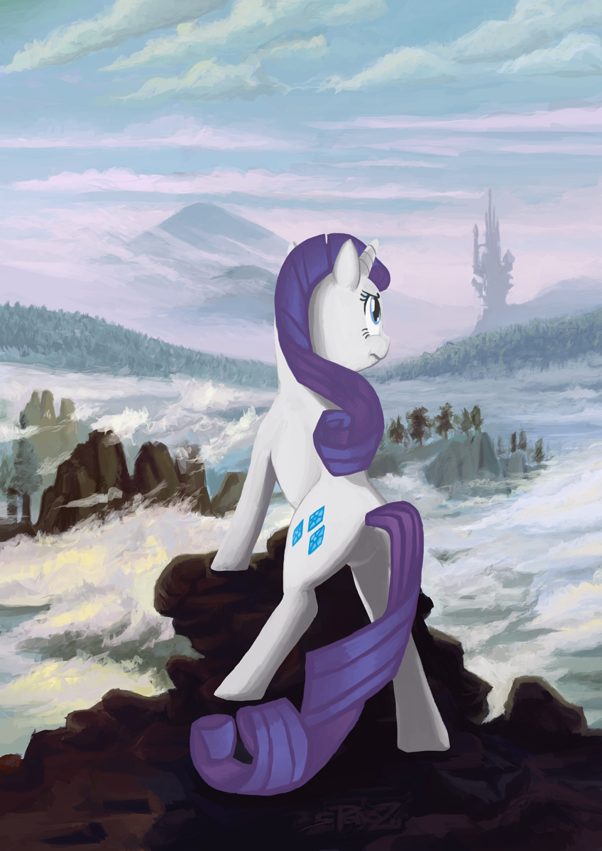 blue_eyes castle cliff cutie_mark equid equine female feral fog forest friendship_is_magic hair hi_res horn inspired_by_formal_art mammal mountain my_little_pony outside plant pose purple_hair rarity_(mlp) rear_view signature sky solo spectralunicorn standing tree unicorn valley white_body