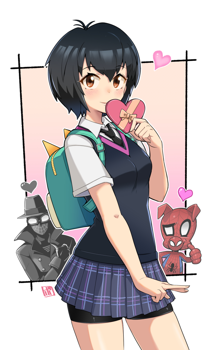 1girl 2boys backpack bag bike_shorts bike_shorts_under_skirt black_hair blush bowieknife box hat heart heart-shaped_box highres jacket looking_at_viewer marvel mask multiple_boys necktie peni_parker pig_boy school_uniform short_hair shorts shorts_under_skirt skirt spider-ham spider-man:_into_the_spider-verse spider-man_(series) spider-man_noir thighs