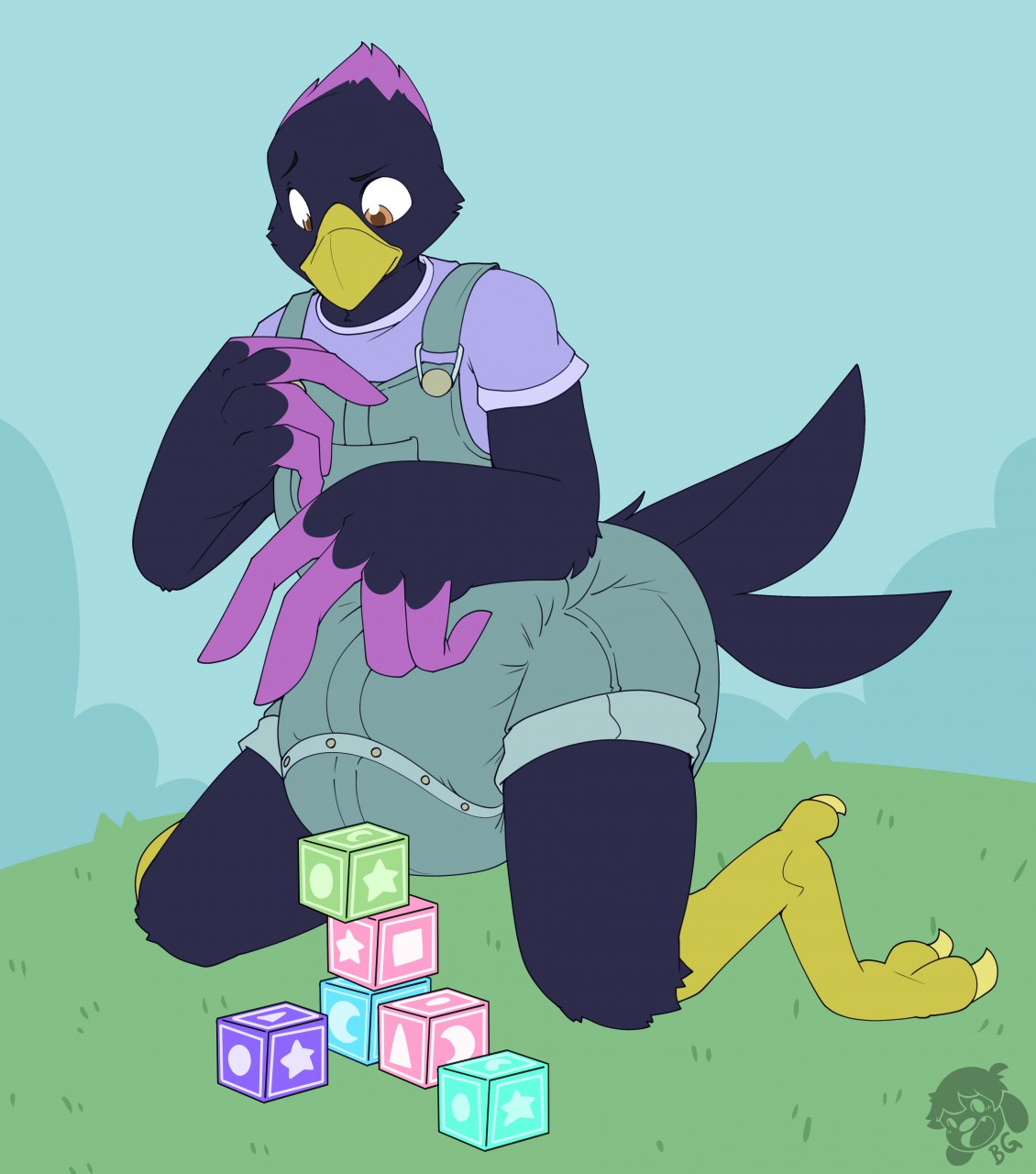 anthro avian bird block clothing concentrated concentrating corvid cuddlehooves diaper diaper_under_clothing gambit_(the_corvid) hi_res male oscine overalls passerine solo