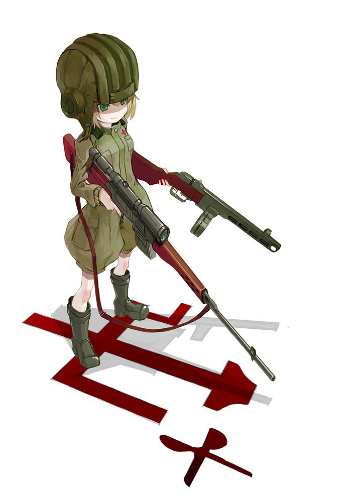 1girl bangs black_footwear black_gloves black_headwear blonde_hair blue_eyes boots closed_mouth commentary dragunov_svd drum_magazine dual_wielding emblem girls_und_panzer gloves green_jumpsuit gun helmet holding holding_gun holding_weapon jumpsuit katyusha_(girls_und_panzer) long_sleeves looking_to_the_side magazine_(weapon) military military_uniform ppsh-41 pravda_(emblem) pravda_military_uniform rifle scope shadow short_hair short_jumpsuit smile sniper_rifle solo standing submachine_gun tank_helmet uniform weapon yurikuta_tsukumi