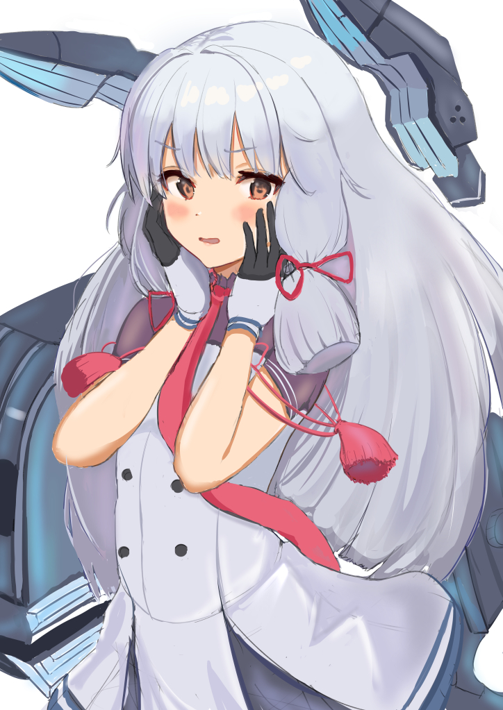 1girl blush brown_eyes dress eriierierii7 hair_ribbon headgear kantai_collection long_hair looking_at_viewer machinery murakumo_(kancolle) murakumo_kai_ni_(kancolle) necktie open_mouth red_neckwear ribbon sailor_dress sidelocks silver_hair solo strapless strapless_dress tress_ribbon