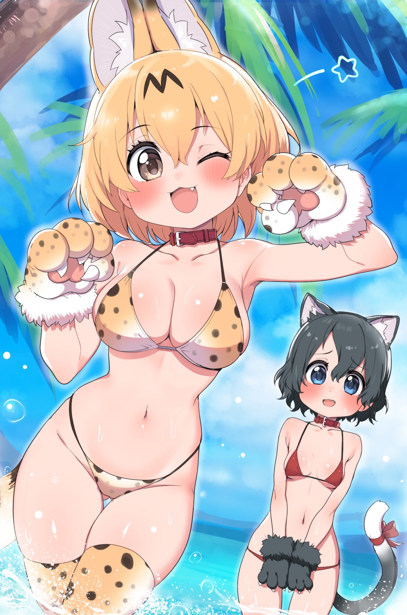 2girls :3 animal_ears animal_hands armpits backpack bag bare_shoulders bikini black_gloves black_hair blonde_hair blue_eyes blush bow cat_day cat_ears cat_girl cat_tail claw_pose collar collarbone covering covering_crotch cowboy_shot elbow_gloves extra_ears eyebrows_visible_through_hair fang gloves grey_shorts hair_between_eyes highres kaban_(kemono_friends) kemono_friends looking_at_viewer midriff multiple_girls navel ocean one_eye_closed open_mouth palm_tree partially_submerged paw_gloves paw_pose print_gloves print_legwear ransusan red_bikini red_bow red_collar serval_(kemono_friends) serval_print shiny shiny_skin short_hair shorts skindentation sky standing stomach string_bikini swimsuit tail tail_bow tail_ornament thighhighs tree wet yellow_eyes zettai_ryouiki