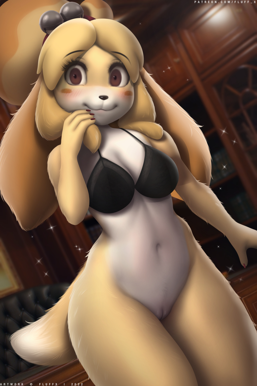 2022 2:3 accessory animal_crossing anthro bell blush blush_lines body_blush bottomless bottomless_female bra breasts brown_eyes canid canine cleavage clothed clothing colored_nails conditional_dnp dipstick_tail female fluffx fur genitals glistening glistening_genitalia glistening_pussy hair hand_in_hair headband headgear headwear hi_res isabelle_(animal_crossing) jingle_bell looking_at_viewer mammal markings mostly_nude nails nintendo partially_clothed pussy pussy_blush raised_hand skimpy smile solo sparkles tail_markings thick_thighs touching_hair underwear video_games wide_eyed yellow_body yellow_fur