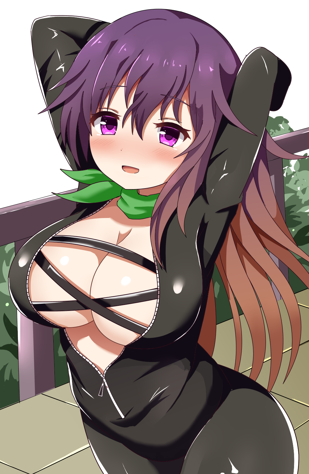 1girl arms_up bangs biker_clothes bikesuit black_bodysuit blush bodysuit breasts center_opening cleavage commentary_request cross-laced_clothes eyebrows_visible_through_hair gradient_hair green_scarf guard_vent_jun highres hijiri_byakuren large_breasts leather_suit light_brown_hair long_hair multicolored_hair open_mouth purple_hair scarf touhou turbo_byakuren unzipped very_long_hair zipper