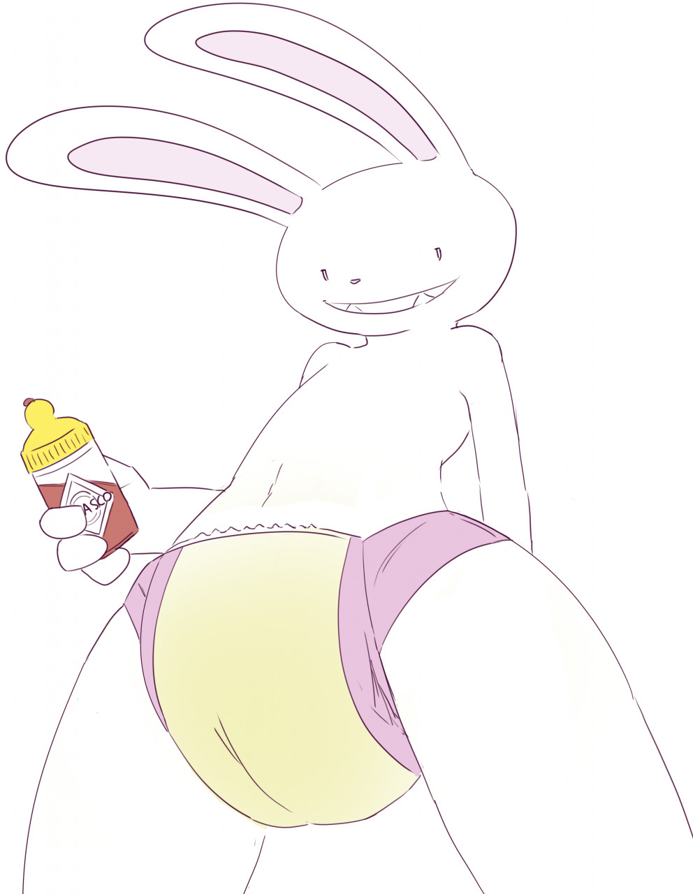 anthro bodily_fluids diaper feeding_bottle genital_fluids hardscales hi_res lagomorph leporid looking_at_viewer male mammal max_(sam_and_max) peeing pull-up pull-ups pull-ups_(diaper) pull_up pull_ups rabbit sagging_diaper sam_and_max smile smug soggy_diaper solo urine wet_diaper wetting