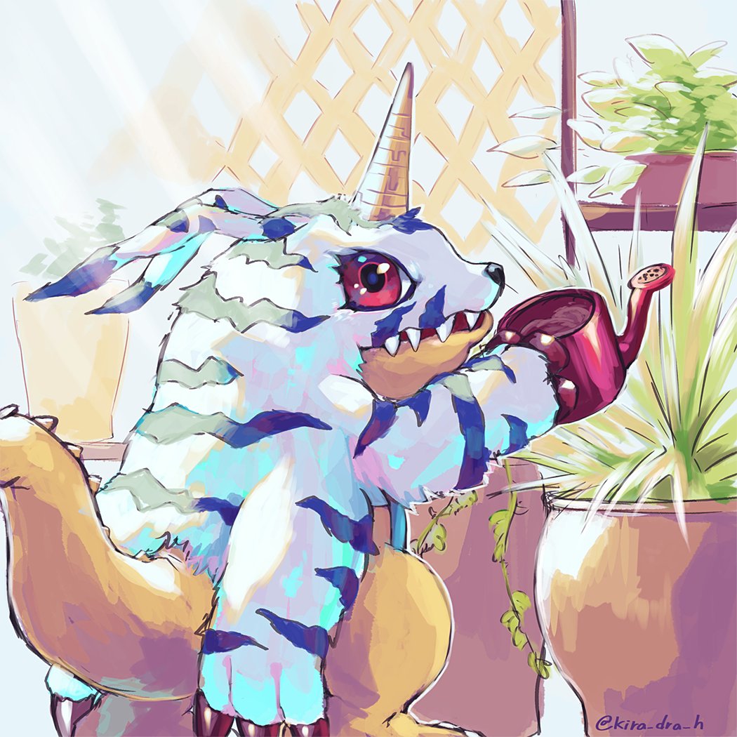 animal_skin anthro bandai_namco digimon digimon_(species) gabumon horn kira_dra_h plant plant_pot pot_(disambiguation) potted_plant red_eyes solo watering_can watering_plants window_sill yellow_body