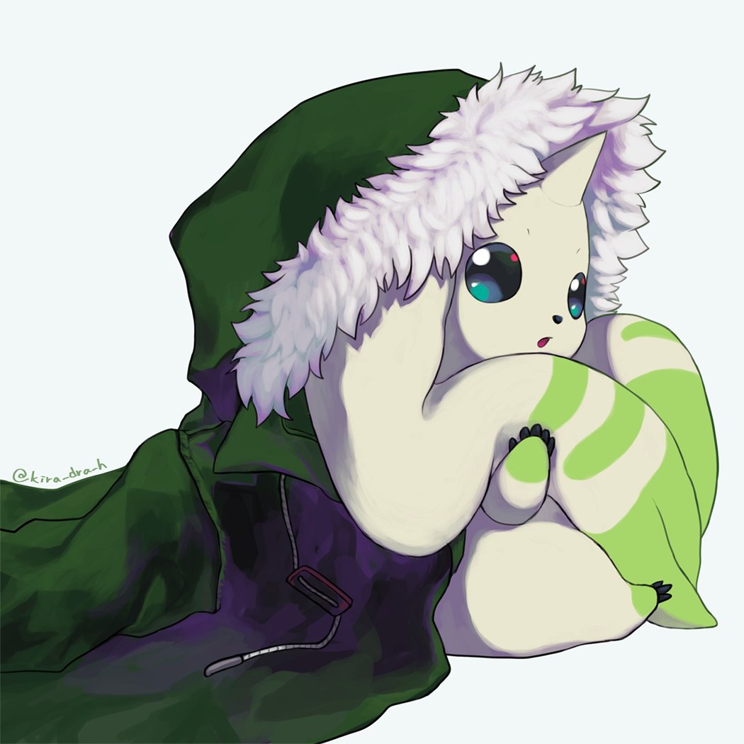 anthro baggy_clothing bandai_namco beady_eyes clothing digimon digimon_(species) fur fur_lined_clothing green_clothing hood horn jacket kira_dra_h long_ears looking_at_viewer solo terriermon topwear white_body white_fur