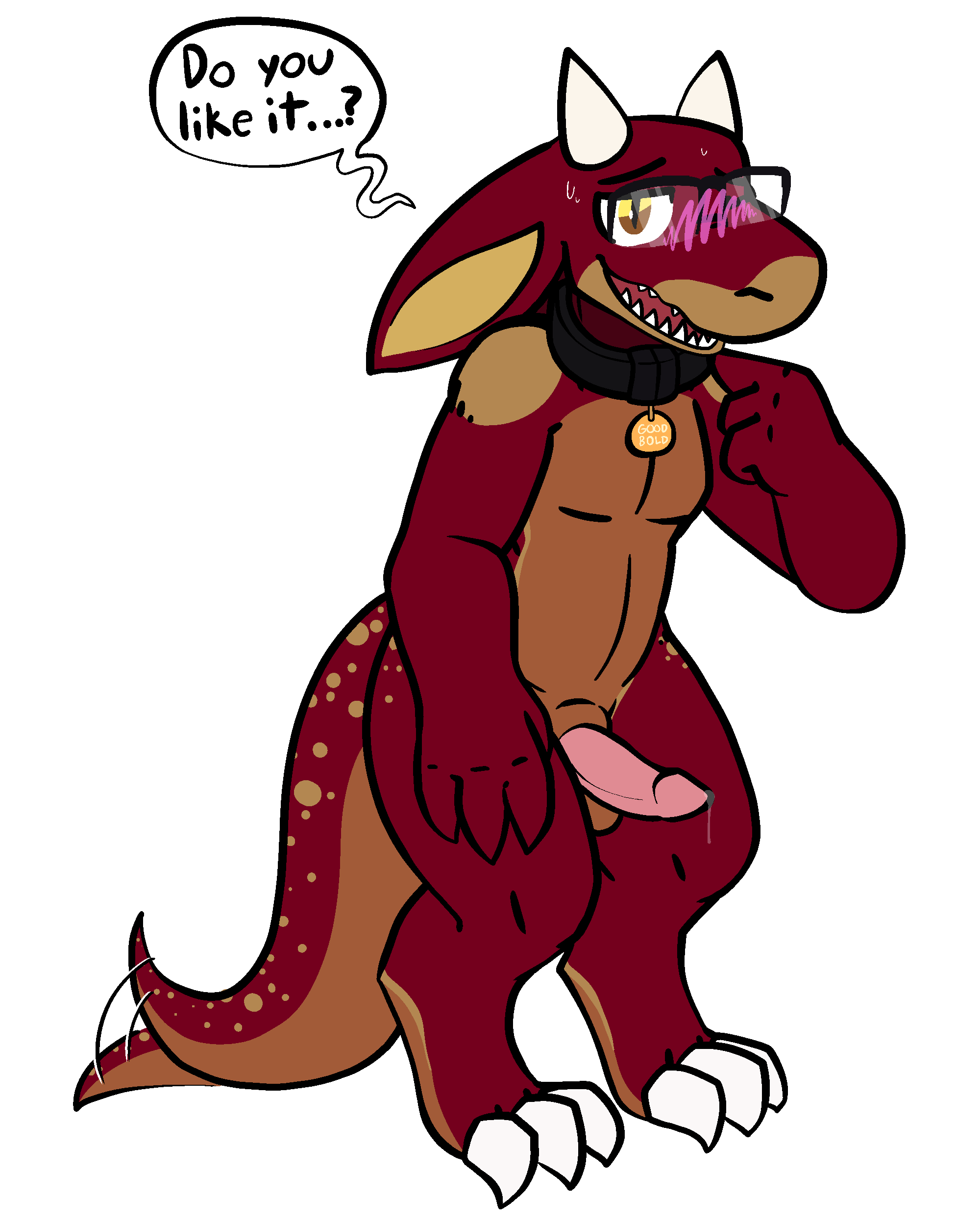absurd_res anthro blush bodily_fluids collar dialogue english_text erection eyewear genital_fluids genitals glasses hi_res horn kobold male penis reptile scalie shy solo sweat tail_motion tailwag text trout_(artist)