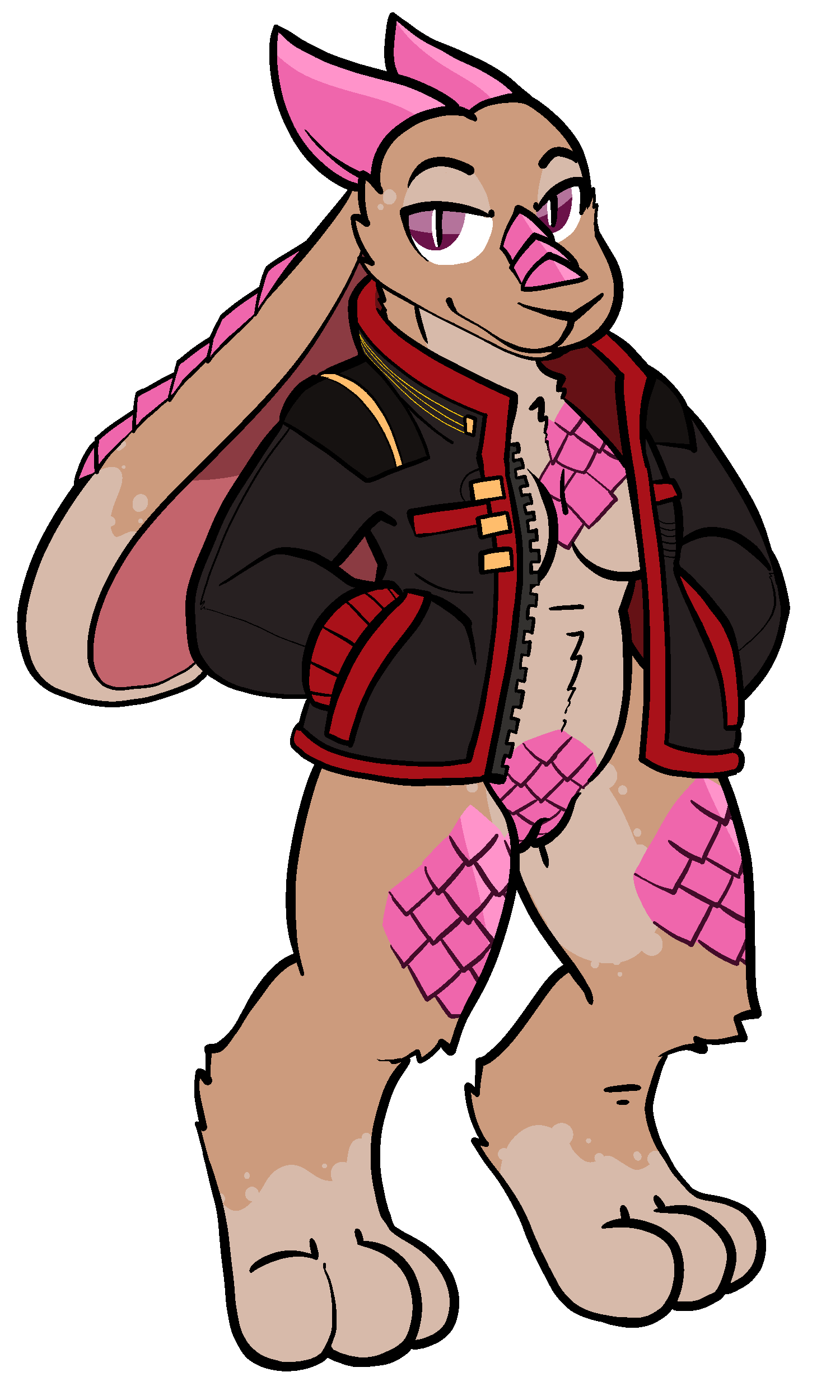 absurd_res anthro bottomless breasts clothed clothing dragon female genitals hi_res horn hybrid jacket jacket_only lagomorph leporid mammal pussy rabbit scales scalie solo topwear trout_(artist)