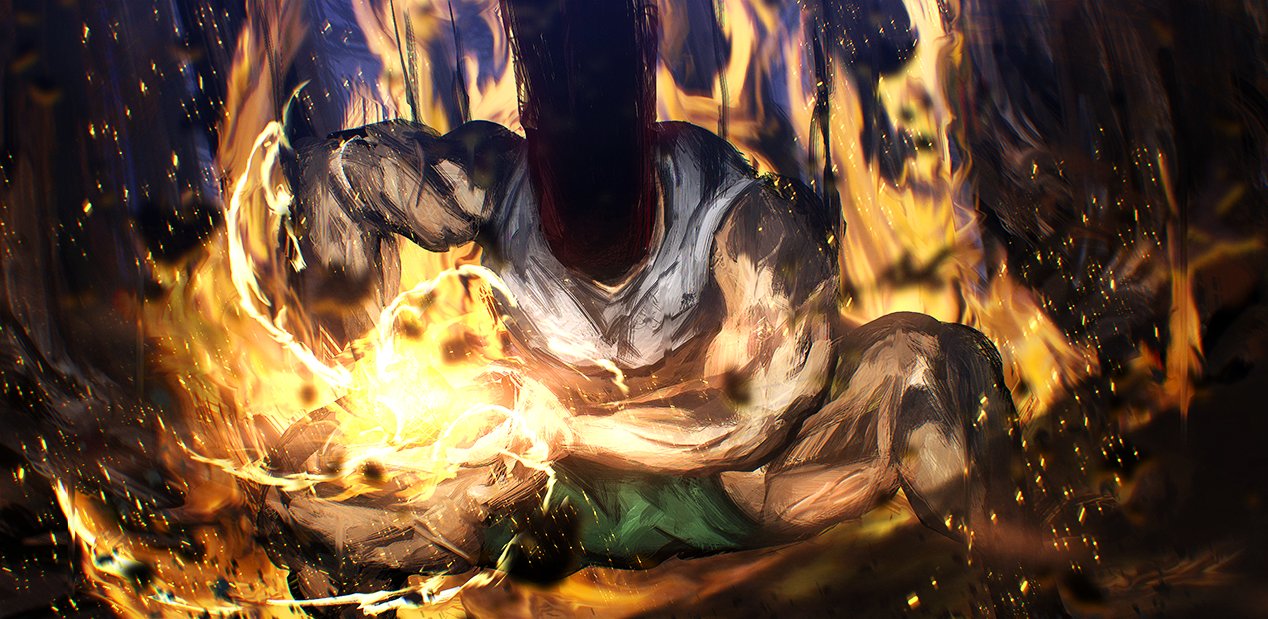 1boy aura bare_arms black_hair commentary energy_ball english_commentary facing_down feet_out_of_frame fighting_stance fire floating_hair glowing gon-san gon_freecss green_shorts hunter_x_hunter long_hair male_focus muscular muscular_male otsumami_(bu-bu-heaven) shirt shorts sleeveless solo squatting tank_top veins white_tank_top