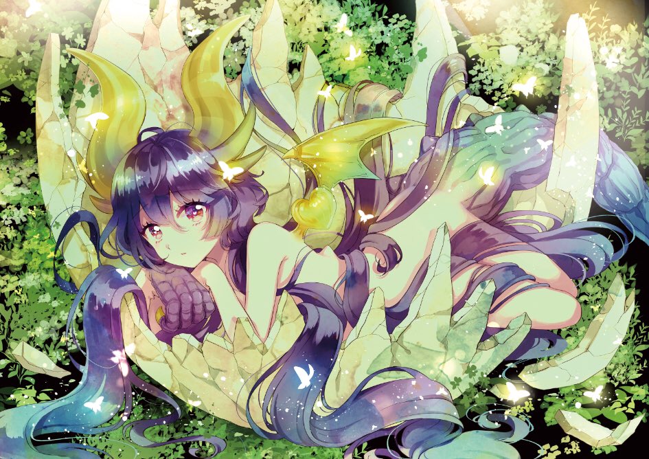 1girl akaishi_kuroe barefoot black_hair black_tail bug butterfly claws convenient_censoring egg horns long_hair looking_at_viewer lying monster_girl naki_ringo nature on_stomach otome_kaijuu_carameliser purple_hair red_eyes shell sleepwear solo tail very_long_hair wings