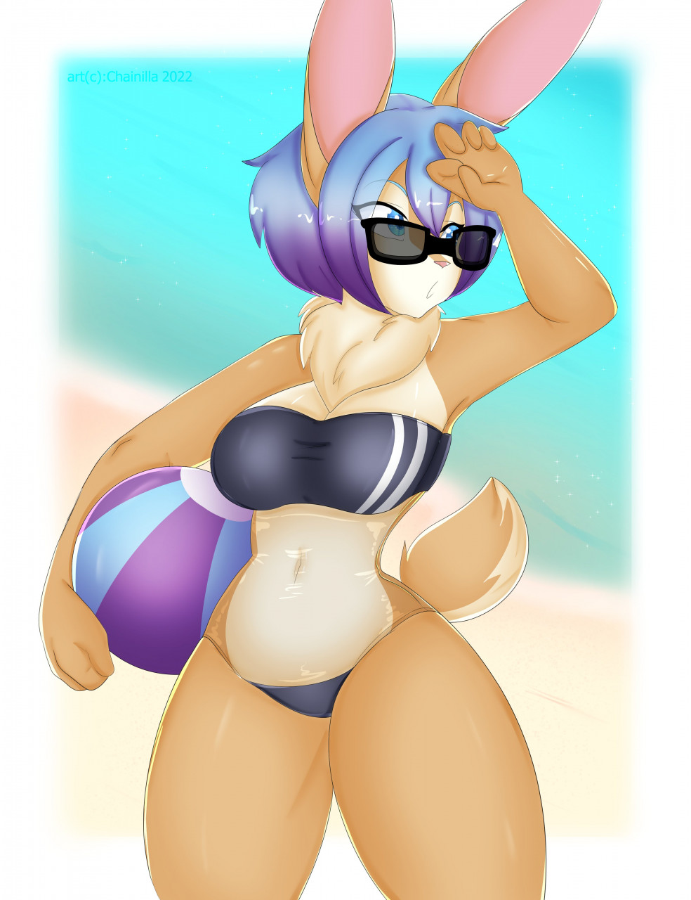 animal_humanoid anthro ball beach beach_ball chainilla_(artist) clothing eyewear female gris_swimsuit hi_res humanoid inflatable lagomorph lagomorph_humanoid mammal mammal_humanoid meme meme_clothing mochibun_(mugelbbub16) one-piece_swimsuit sea seaside solo sunglasses sunglasses_on_face swimwear translucent translucent_clothing translucent_swimwear water ych_result