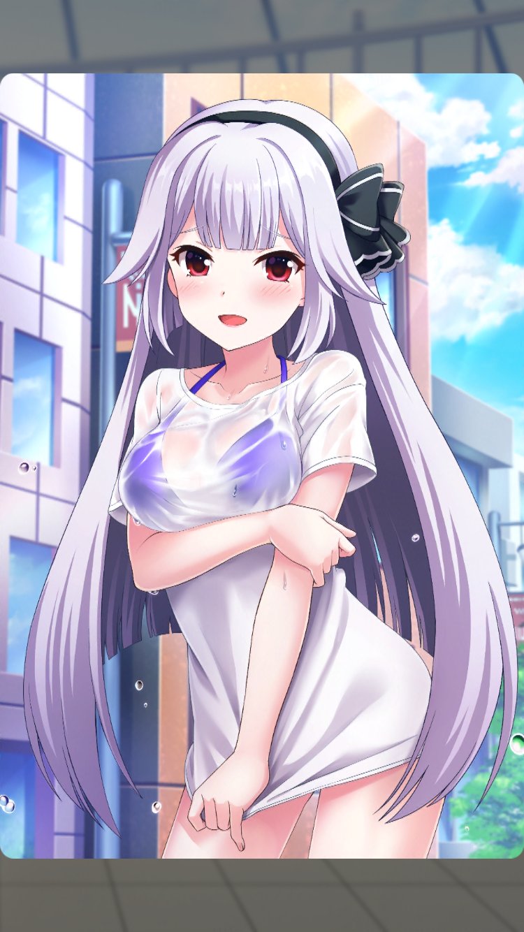 1girl alternative_girls bikini bikini_under_clothes building day eyebrows_visible_through_hair hand_on_own_arm highres long_hair looking_at_viewer official_art open_mouth outdoors red_eyes road shirt solo street swimsuit usui_miyuki wet wet_clothes white_hair white_shirt