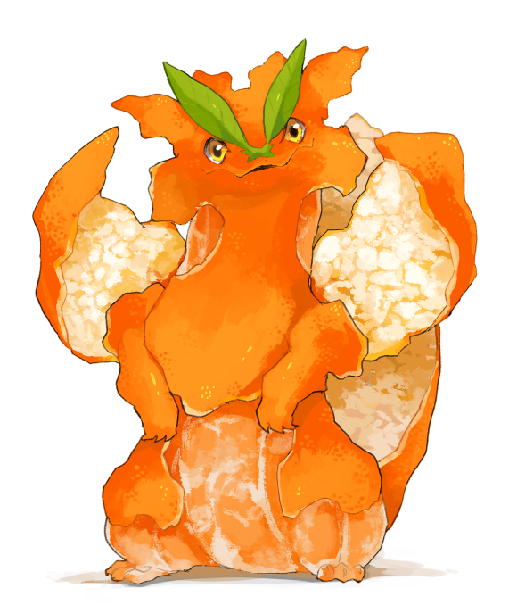 ambiguous_gender dragon elemental_creature flora_fauna food food_creature fruit leaf living_fruit looking_at_viewer not_furry orange_body plant simple_background solo standing