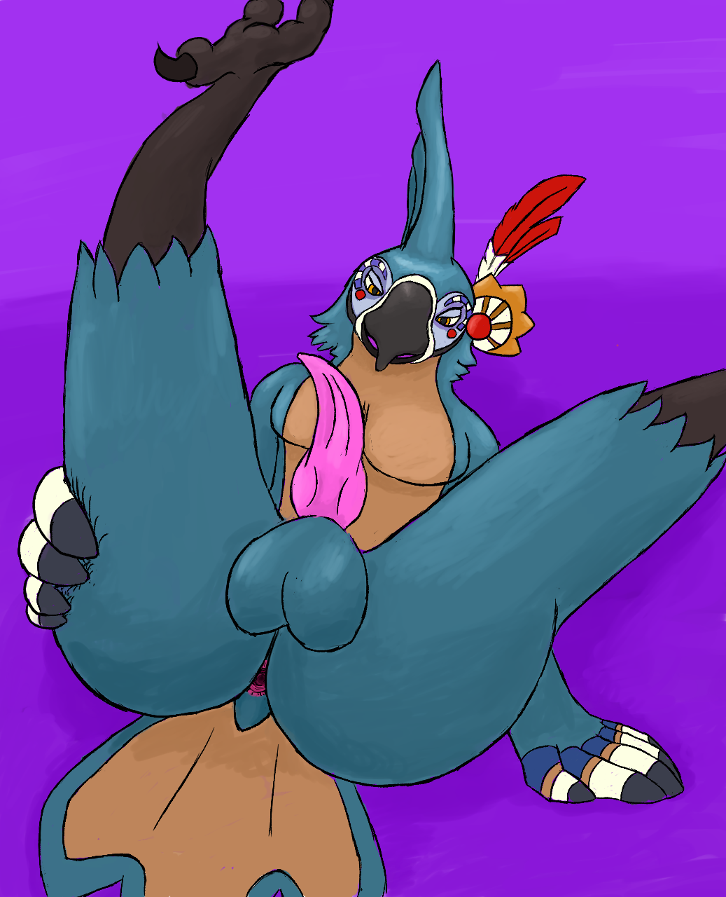 anthro anus avian balls breath_of_the_wild genitals hi_res kass_(tloz) lying male nintendo on_back penis presenting purple_background rito simple_background solo tapering_penis the_legend_of_zelda video_games vulnec