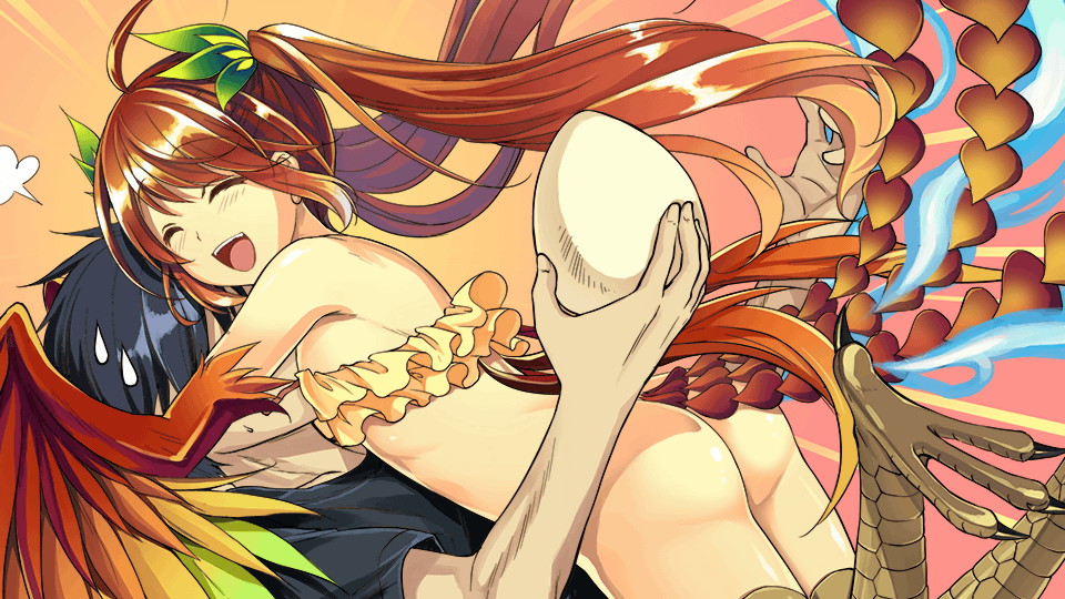 1boy 1girl artist_request ass bare_shoulders bird_legs blue_eyes blush bottomless closed_eyes egg eyebrows_visible_through_hair face_to_breasts feathered_wings feathers fi_(monster_musume) flat_chest frilled_shirt frills game_cg harpy holding holding_egg hug long_hair monster_girl monster_musume_no_iru_nichijou monster_musume_no_iru_nichijou_online multicolored_wings multiple_tails official_art open_mouth orange_hair rainbow_order shirt strapless sweatdrop tail talons tube_top twintails winged_arms wings