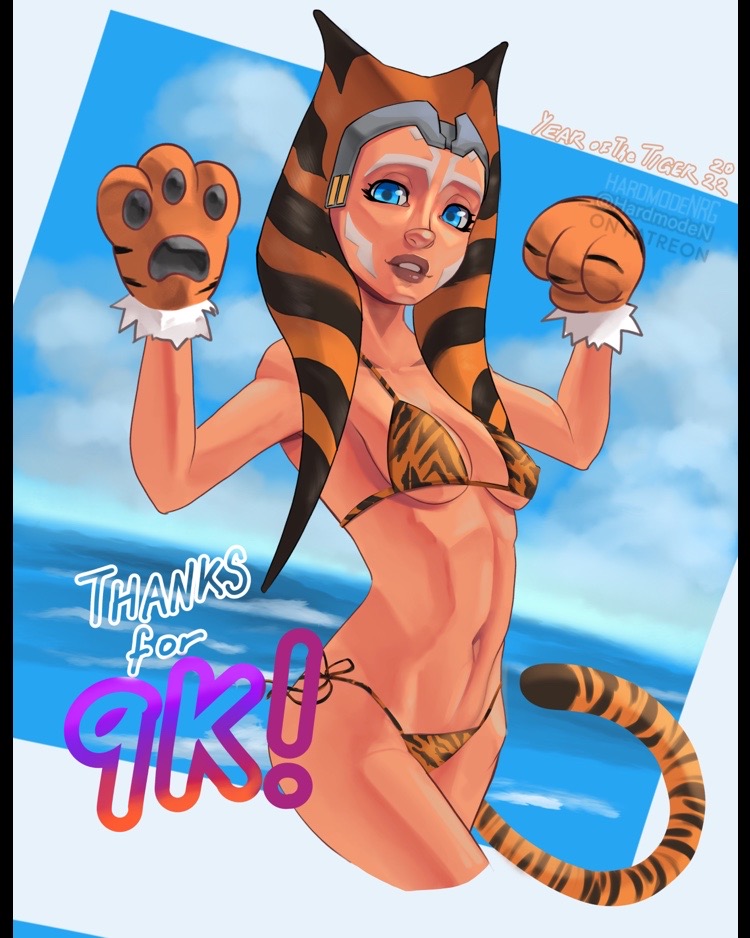 2022 ahsoka_tano alien alien_humanoid animal_bikini animal_print bikini blue_eyes breasts chinese_zodiac clothing english_text eyelashes female gloves handwear hardmoden humanoid lekku_(anatomy) looking_at_viewer natural_breasts navel not_furry orange_body orange_skin pattern_clothing pattern_swimwear paw_gloves side-tie_bikini solo star_wars swimwear text tiger_bikini tiger_print togruta year_of_the_tiger