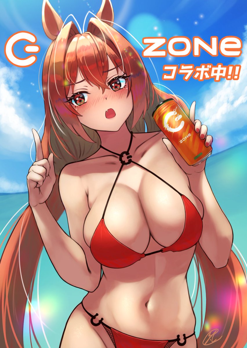 1girl animal_ears bikini blue_sky blush breasts c_(theta) can cloud daiwa_scarlet_(umamusume) day eyebrows_visible_through_hair highres holding holding_can horse_ears horse_girl index_finger_raised large_breasts long_hair navel ocean red_bikini red_eyes red_hair sky solo swimsuit twintails umamusume