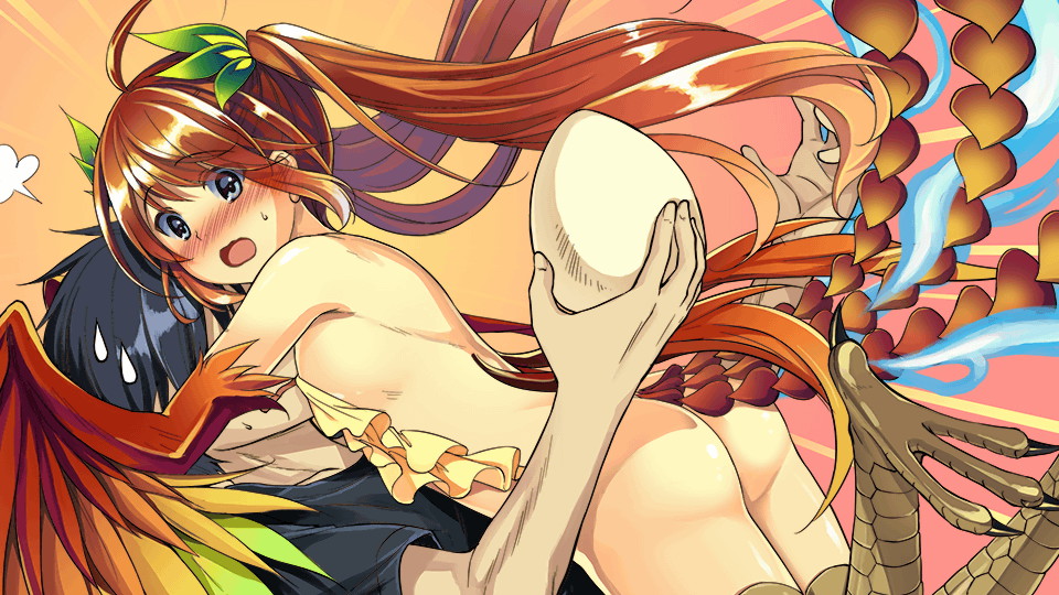 1boy 1girl artist_request ass bare_shoulders bird_legs blue_eyes blush bottomless egg eyebrows_visible_through_hair face_to_breasts feathered_wings feathers fi_(monster_musume) flat_chest frilled_shirt frills game_cg harpy holding holding_egg hug long_hair monster_girl monster_musume_no_iru_nichijou monster_musume_no_iru_nichijou_online multicolored_wings multiple_tails official_art open_mouth orange_hair rainbow_order shirt strapless sweatdrop tail talons tube_top twintails winged_arms wings