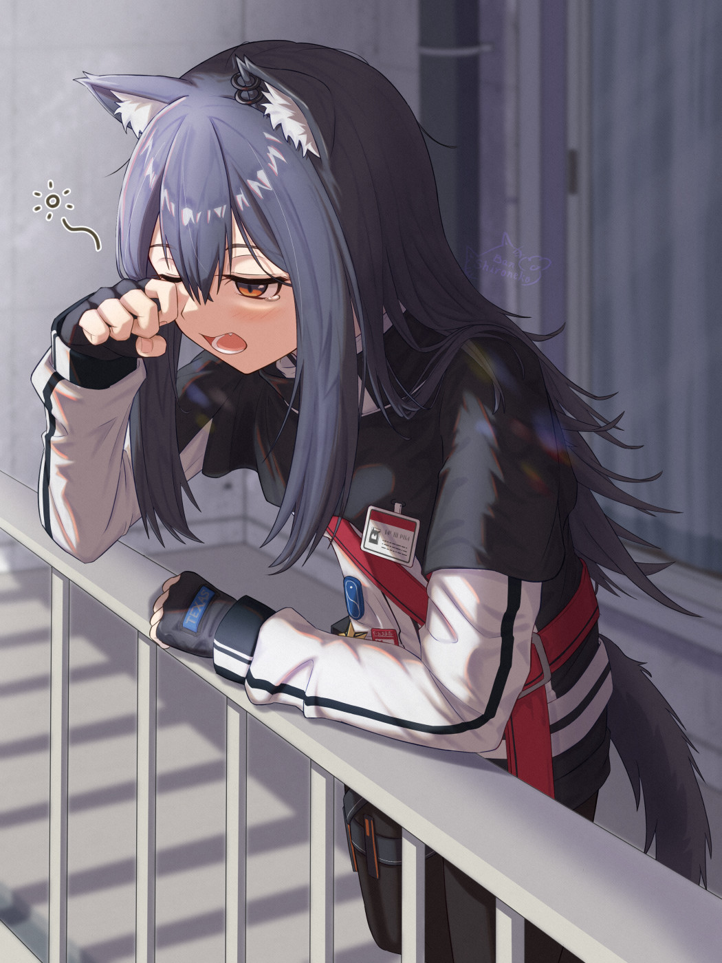 1girl against_railing animal_ears arknights arm_support balcony bangs black_capelet black_gloves black_hair black_legwear blush capelet character_name clothes_writing day eyebrows_visible_through_hair fang feet_out_of_frame fingerless_gloves gloves highres id_card jacket leaning_forward long_hair long_sleeves one_eye_closed outdoors pantyhose railing shironekoban solo standing sunlight tail tears texas_(arknights) waking_up white_jacket wiping_tears wolf_ears wolf_girl wolf_tail