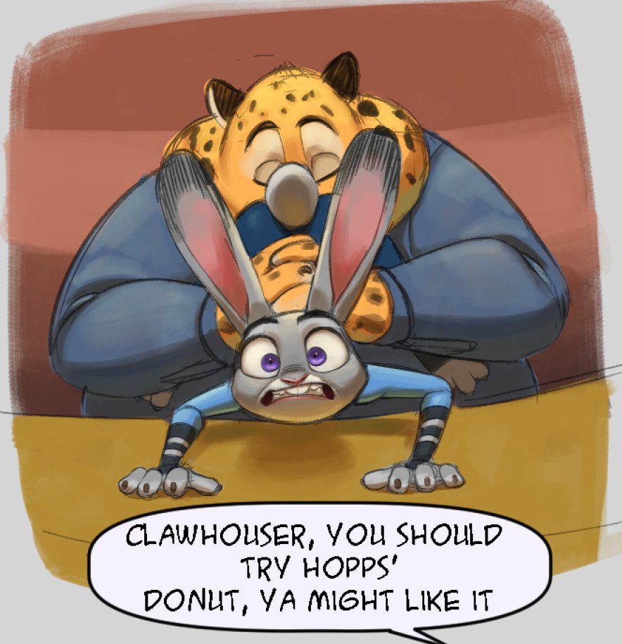 anal anthro benjamin_clawhauser big_ears carrying cheetah clenched_teeth clothing disney eyes_closed felid feline female grey_body hands_on_table judy_hopps lagomorph larger_male leporid male male/female mammal oral overweight overweight_male police_uniform purple_eyes rabbit rimming sex size_difference smaller_female speech_bubble spots spotted_body teeth thehumancopier through_clothing uniform wide_eyed yellow_body zootopia