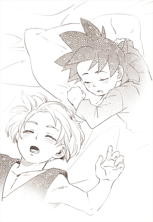 2boys bare_shoulders bed bed_sheet black_hair blush clenched_hands dougi dragon_ball dragonball_z drooling fukuko_fuku greyscale long_sleeves lying male_focus monochrome multiple_boys open_mouth pilow saliva short_hair sleeping son_goten spiked_hair teeth trunks_(dragon_ball)