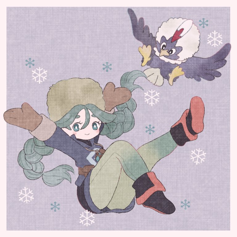 1girl bangs bird black_footwear black_skirt boots border braid bright_pupils brown_mittens closed_mouth commentary eyelashes fur_hat green_eyes green_hair green_headwear green_legwear grey_jacket hat jacket leg_up long_hair looking_at_viewer mitsu_(1000y_comet) pantyhose pokemon pokemon_(creature) pokemon_(game) pokemon_legends:_arceus rufflet sabi_(pokemon) skirt smile snowflakes twin_braids twintails white_border white_pupils