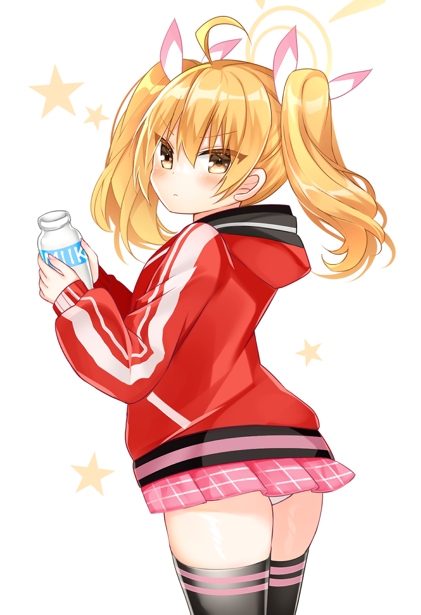 1girl ahoge bangs black_legwear blonde_hair blue_archive blush bottle brown_eyes closed_mouth english_text eyebrows_visible_through_hair from_behind hair_between_eyes hair_ribbon halo highres holding holding_bottle hood hood_down hooded_jacket jacket long_sleeves looking_at_viewer looking_back milk_bottle panties pink_skirt pleated_skirt puffy_long_sleeves puffy_sleeves red_jacket ribbon shikito simple_background skirt sleeves_past_wrists solo starry_background thighhighs twintails underwear v-shaped_eyebrows white_background white_panties white_ribbon yoshimi_(blue_archive)