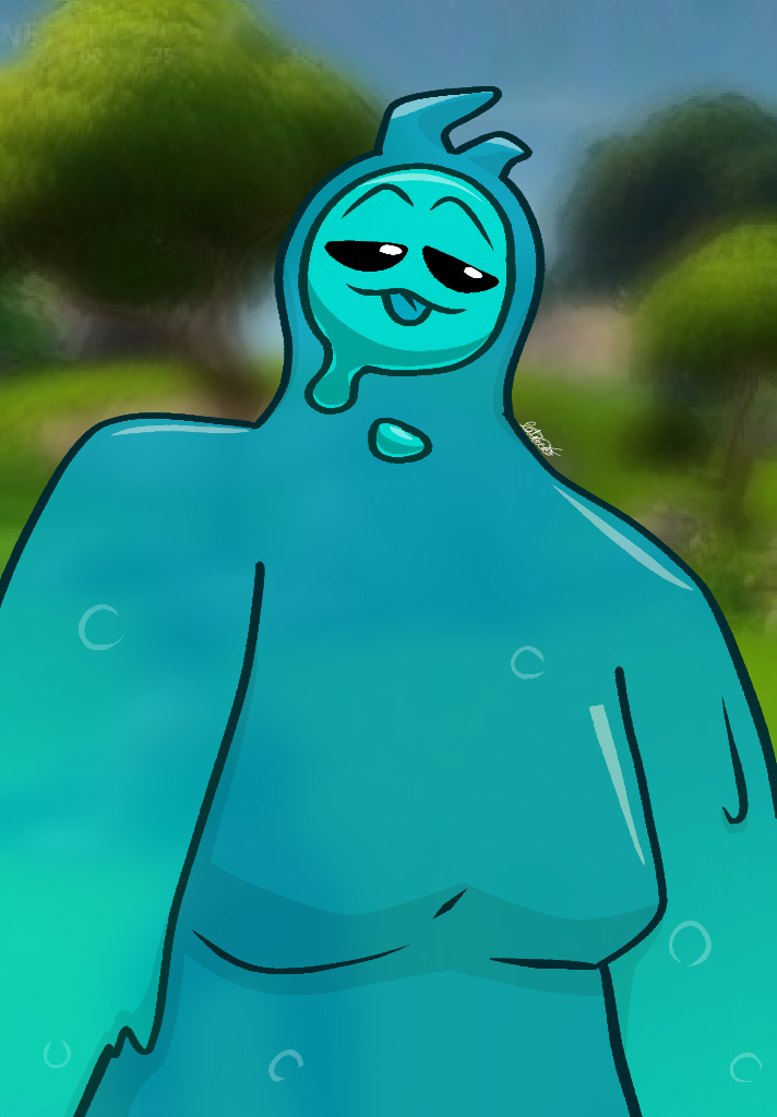 blep blue_body blurred_background dacoffeeaxolotl dripping epic_games fortnite humanoid male nude rippley slightly_chubby solo tongue tongue_out video_games