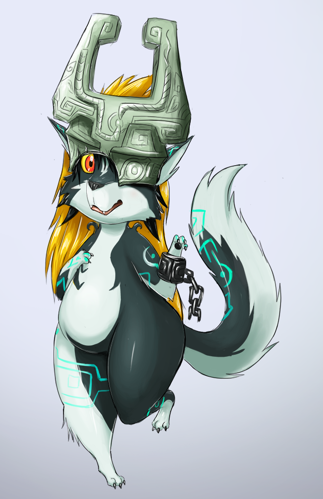 2016 anthro armor breasts canid canine canis chain chubby_anthro chubby_female claws fangs female floating fur hair hand_on_breast headgear helmet looking_at_viewer mammal midna nintendo nude one_eye_obstructed open_mouth raised_leg raised_tail shenzel slightly_chubby solo the_legend_of_zelda transformation twilight_princess video_games wolf