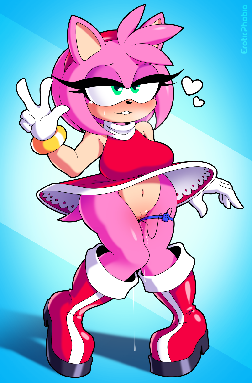 2022 amy_rose anthro blush bodily_fluids boots butt clothing digital_media_(artwork) dress eroticphobia eulipotyphlan eyelashes female footwear genital_fluids genitals green_eyes hedgehog hi_res mammal masturbation pussy pussy_juice sega sex_toy simple_background solo sonic_the_hedgehog_(series) upskirt vibrator