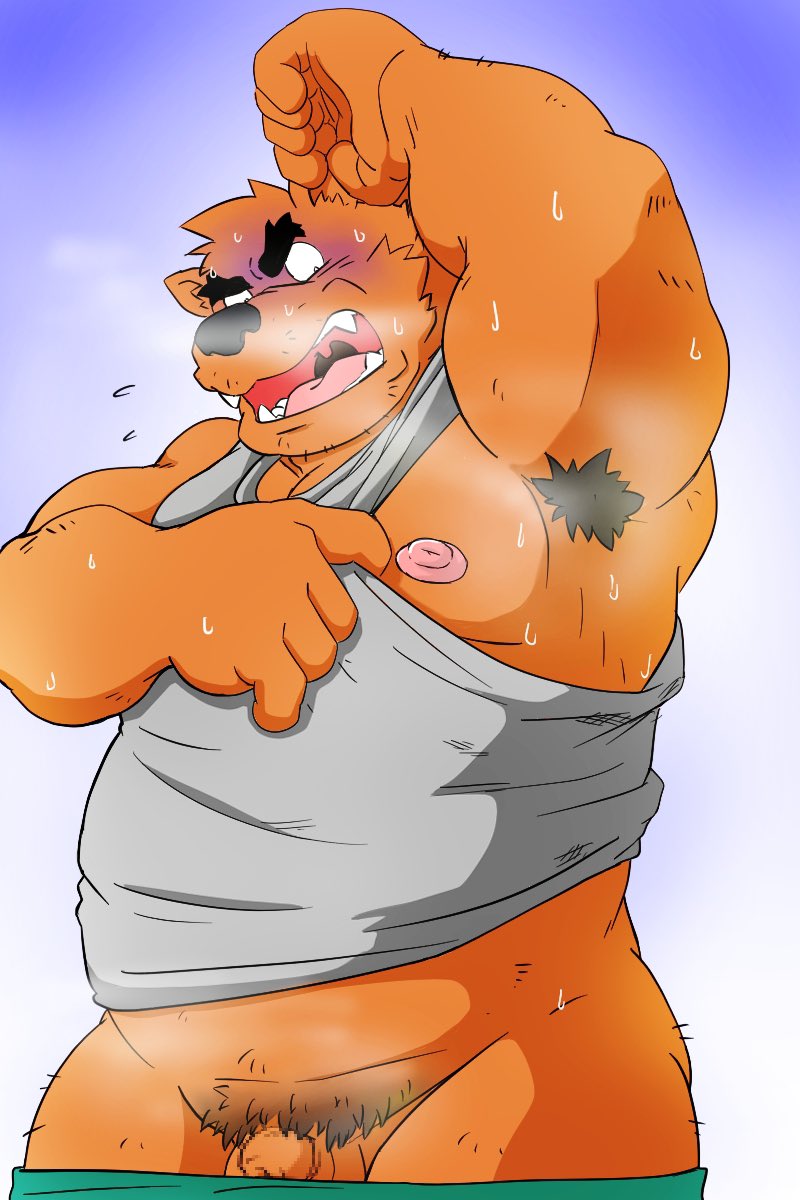 2022 anthro armpit_hair balls black_nose blush bodily_fluids body_hair clothing flaccid genitals hi_res kemono male mammal musk overweight overweight_male penis pubes shibatanukiti shirt small_penis solo sweat topwear ursid