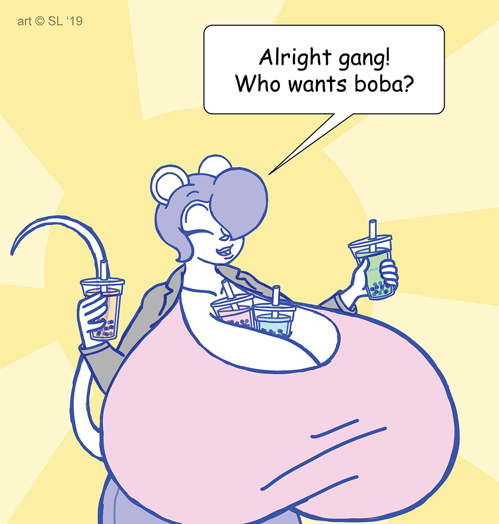 2019 anthro beverage big_breasts bottomwear breasts bubble_tea clothing digital_media_(artwork) english_text eyes_closed female gina_(satsumalord) hair hands-free_bubble_tea huge_breasts hyper hyper_breasts jacket mammal meme mouse murid murine open_mouth pants rodent satsumalord shirt sketch solo speech_bubble text topwear