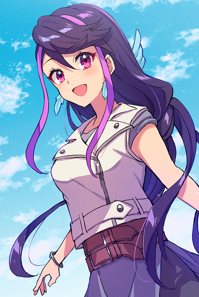 1girl :d bangs bare_arms black_hair blue_feathers bracelet day earrings eyebrows_visible_through_hair feather_earrings feathers hair_between_eyes jacket jewelry kurosaki_ruri long_hair mikami_(mkm0v0) multicolored_hair open_mouth outdoors purple_hair red_eyes shiny shiny_hair sidelocks sleeveless sleeveless_jacket smile solo standing two-tone_hair very_long_hair white_jacket yu-gi-oh! yu-gi-oh!_arc-v zipper