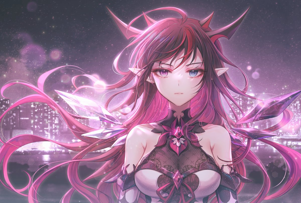 1girl blue_eyes breasts cleavage detached_sleeves heterochromia hololive hololive_english horns irys_(hololive) long_hair looking_at_viewer medium_breasts multicolored_eyes official_art ozzingo pointy_ears red_eyes red_hair sky solo star_(sky) starry_sky virtual_youtuber wings