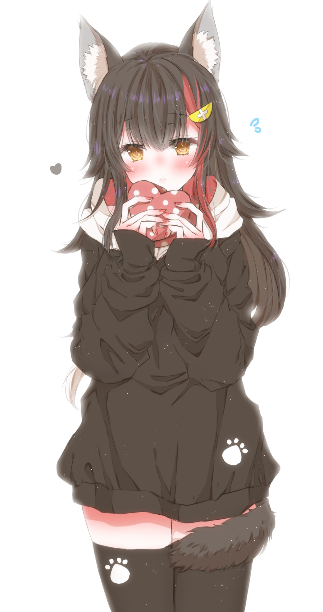 1boy animal_ears black_hair highres hiro_(hirohiro31) holding hololive hololive_gamers hood hoodie long_hair multicolored_hair ookami_mio pawpads tail tail_wrap thighhighs two-tone_hoodie very_long_hair virtual_youtuber wolf_ears wolf_girl wolf_tail