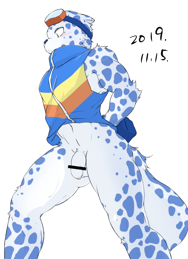 2019 anthro balls bemani blue_body blue_clothing blue_fur blue_spots blue_tail blue_topwear bottomless chirasgi clothed clothing dated eyewear eyewear_on_head felid flaccid foreskin fur genitals goggles goggles_on_head konami male mammal markings ollie_(pop'n_music) pantherine penis pop'n_music snow_leopard solo spots spotted_body spotted_fur spotted_markings spotted_tail tail_markings topwear unretracted_foreskin video_games