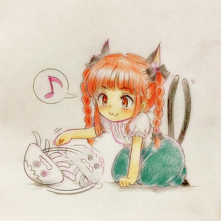 1girl :3 @_@ adapted_costume afterimage animal_ear_fluff animal_ears arm_support bangs black_bow blunt_bangs blush bow braid cat_ears cat_tail closed_mouth extra_ears eyebrows_visible_through_hair frills full_body green_skirt hair_bow hair_ribbon jellyfish kaenbyou_rin kneeling leaning_forward long_hair multiple_tails musical_note nekomata playing puffy_short_sleeves puffy_sleeves q-bee_(aaru) red_eyes red_hair ribbon shirt short_sleeves simple_background skirt solo spoken_musical_note tail tail_raised touhou traditional_media tress_ribbon twin_braids twintails two_tails white_background white_shirt younger