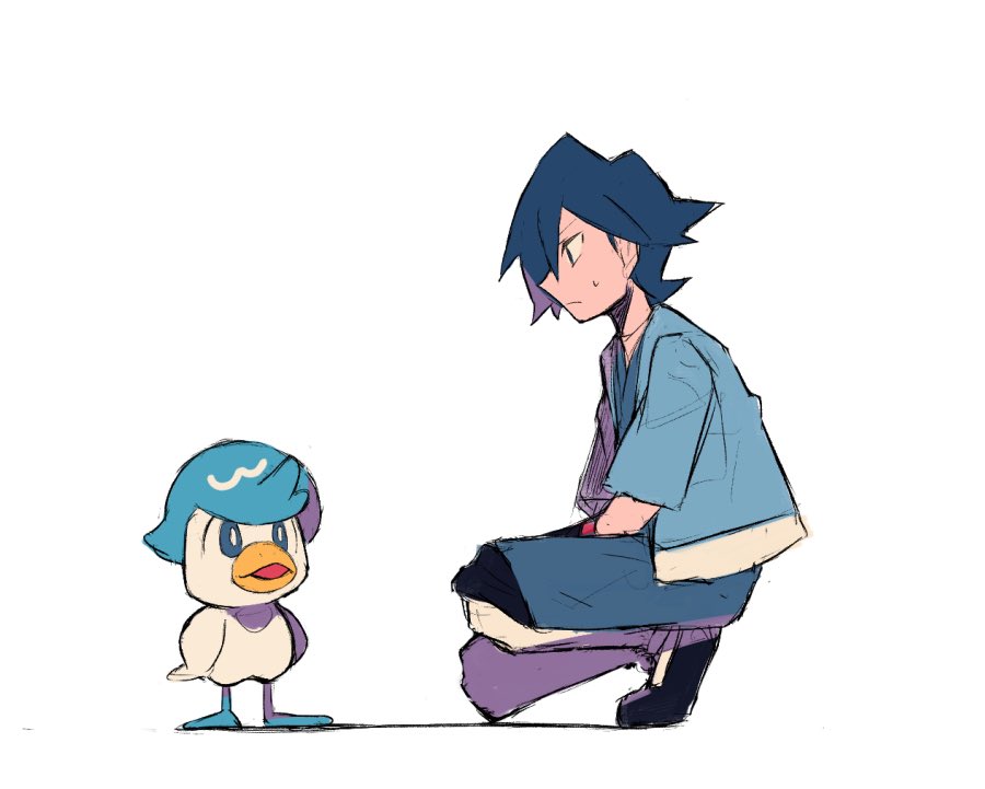 1boy black_wristband blue_hair blue_jacket blue_kimono commentary falkner_(pokemon) jacket japanese_clothes kimono kneehighs male_focus one_knee open_clothes open_jacket pokemon pokemon_(creature) pokemon_(game) pokemon_gsc quaxly shoes short_hair short_sleeves simple_background sketch tyako_089 white_background white_legwear wristband