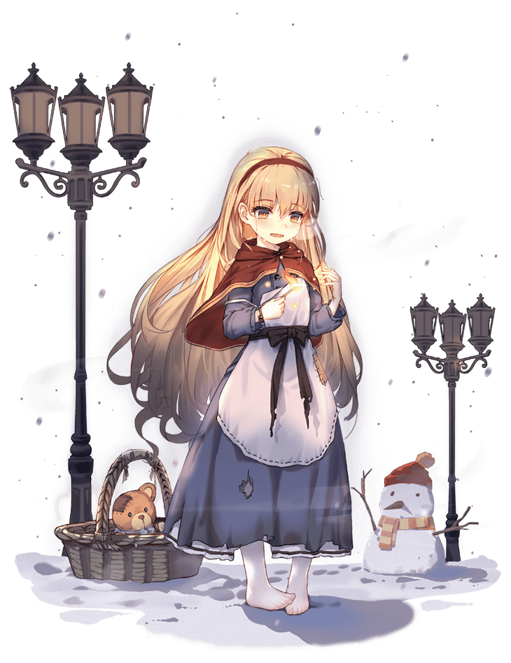 1girl apron ark_order bangs basket black_bow blonde_hair blue_dress bow capelet crying dress faux_figurine fire frilled_apron frills lamppost little_match_girl little_match_girl_(ark_order) long_hair matches official_art patch red_capelet snow snowman socks solo standing stuffed_animal stuffed_toy teddy_bear torn_clothes torn_legwear transparent_background very_long_hair white_apron white_legwear yellow_eyes you_ni_ge_shaobing