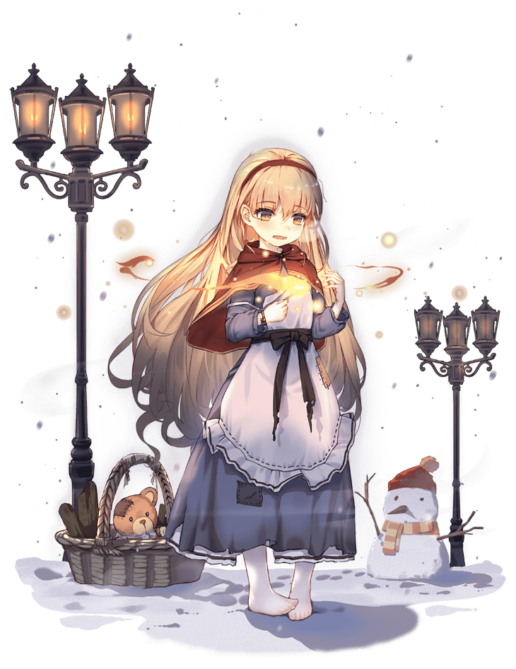 1girl apron ark_order bangs basket black_bow blonde_hair blue_dress bow capelet dress faux_figurine fire frilled_apron frills lamppost little_match_girl little_match_girl_(ark_order) long_hair matches official_art patch red_capelet snow snowman socks solo standing stuffed_animal stuffed_toy teddy_bear torn_clothes torn_legwear transparent_background very_long_hair white_apron white_legwear yellow_eyes you_ni_ge_shaobing