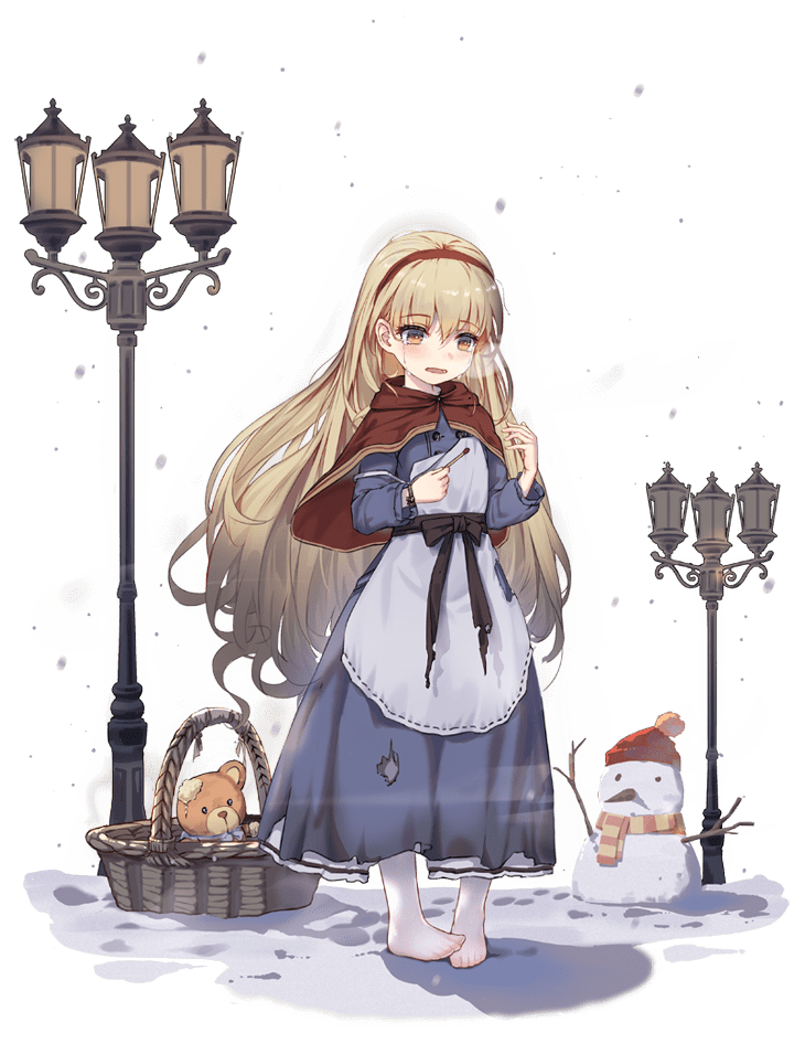 1girl apron ark_order bangs basket black_bow blonde_hair blue_dress bow capelet crying dress empty_eyes faux_figurine fire frilled_apron frills lamppost little_match_girl little_match_girl_(ark_order) long_hair matches official_art patch red_capelet snow snowman socks solo standing stuffed_animal stuffed_toy teddy_bear torn_clothes torn_legwear transparent_background very_long_hair white_apron white_legwear yellow_eyes you_ni_ge_shaobing