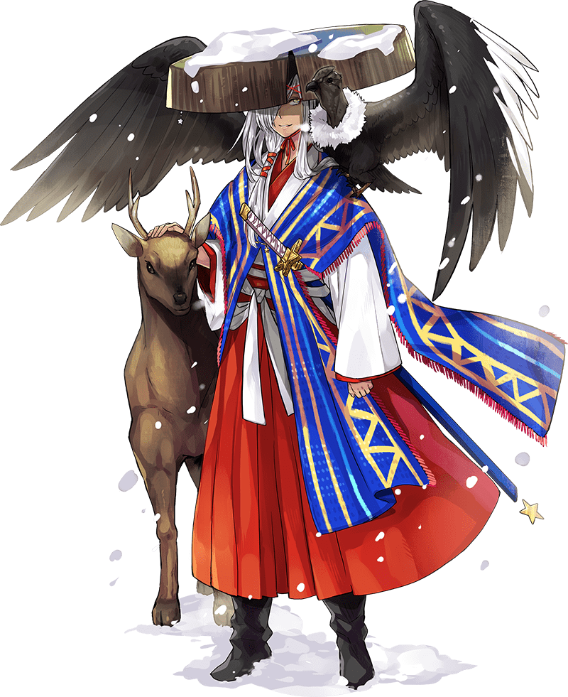 1boy animal_on_shoulder armor artist_request bird bird_on_shoulder check_commentary commentary_request condor dark_skin deer deer_antlers feathers japanese_armor japanese_clothes katana long_hair male_focus petting samurai sheath sheathed snow sword tagme transparent_background weapon white_hair world_flags