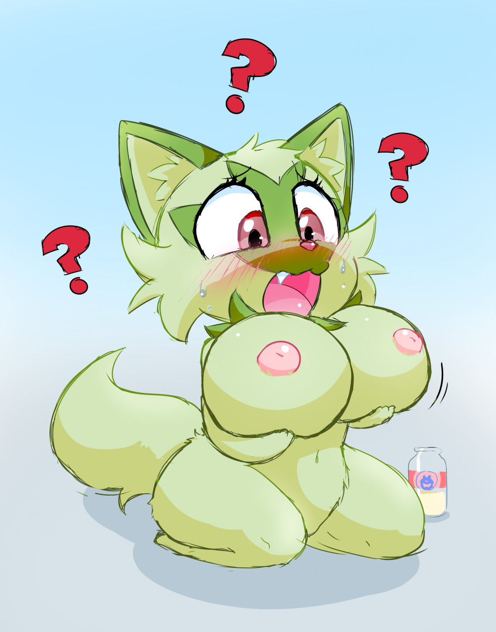 ? anthro areola big_breasts blush bodily_fluids bottle breasts carrudra female green_body hand_on_breast hi_res holding_breast inverted_nipples kneeling looking_down milk nintendo nipples nude open_mouth pink_nipples pok&eacute;mon pok&eacute;mon_(species) puffy_nipples red_eyes solo sprigatito sweat video_games
